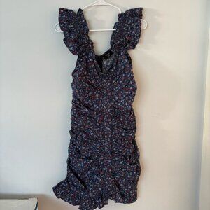 vici navy blue, light blue & red floral button up ruched ruffle mini dress💙